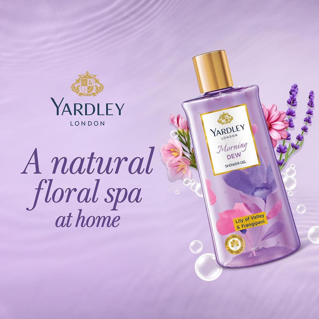 Yardley London Morning Dew Shower Gel With Lily Of The Valley And Frangipani Extracts, No Parabens Or Silicones, Gentle Hydrating Body Cleanser 250ml