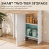 Folding Dining Table, Drop Leaf Table with 2-Tier Shelves, Rolling Casters, White and Natural