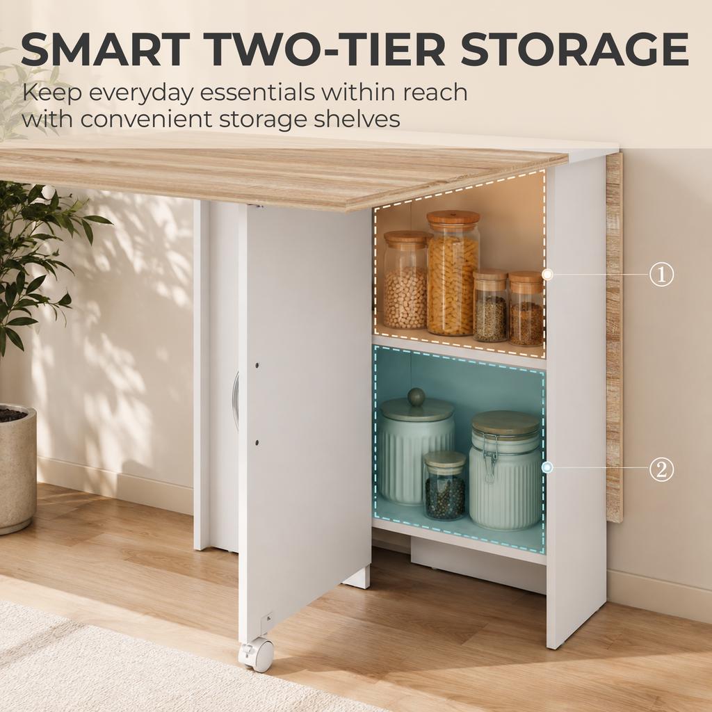 Folding Dining Table, Drop Leaf Table with 2-Tier Shelves, Rolling Casters, White and Natural