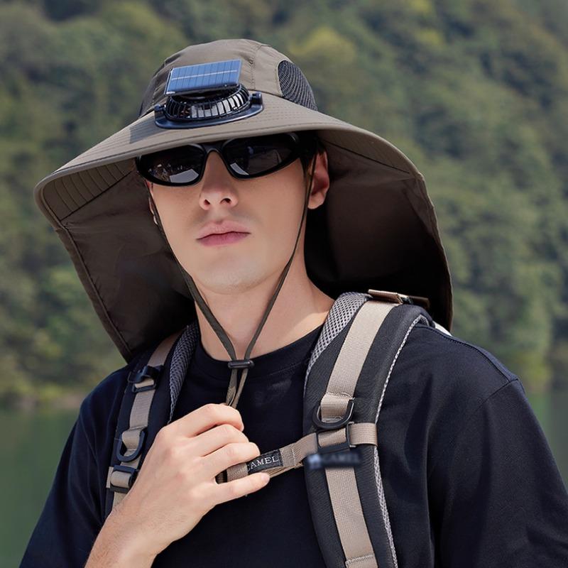 Solar Fan Hat with Neck Cover Wide Brim Sun Hat UV Protection Outdoor Fishing Hat Hiking Travel Hollow Mesh Summer Cooling Breathable Sun Cap