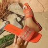 Fashion Bohemia Orange Embroidered Fabric Slides Women 2025 Summer Square Toe Flat Heel Slippers Silver Glitter Sexy Beach Sandals