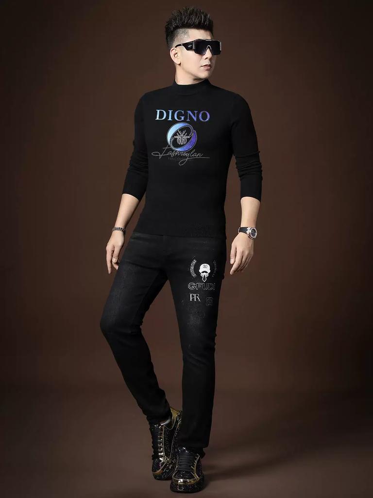 European-Style Half-Turtleneck Sweater for Men, Autumn and Winter Warm Base Layer, 2025 New Trendy Brand Letter Rhinestone Knitwear