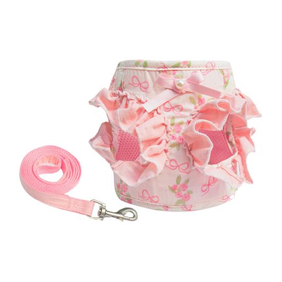 Floral Dog Harness for Small Dogs Cute Ruffled Harness with Leash Adjustable Dog Harness for Puppies Bichon Frise Teddy Pomeranian