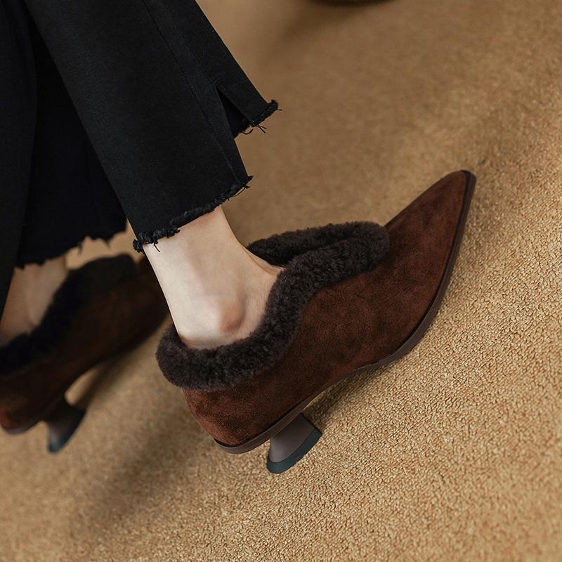 

Мода 2024 Новые Весна/Осень Натуральная Кожа Женские Туфли-Лодочки Острый Носок Массивный Каблук Обувь для Женщин Средний Каблук Замшевые Женские Туфли 40 коричневый