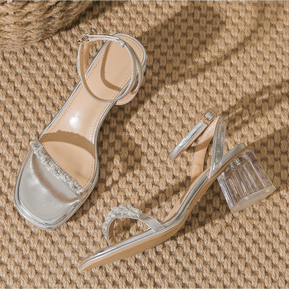 High Heeled Sandals for Women 2025 Summer New French Style Mid Heel Rhinestone Women's Shoes Silver Flat Strap Sandals Women