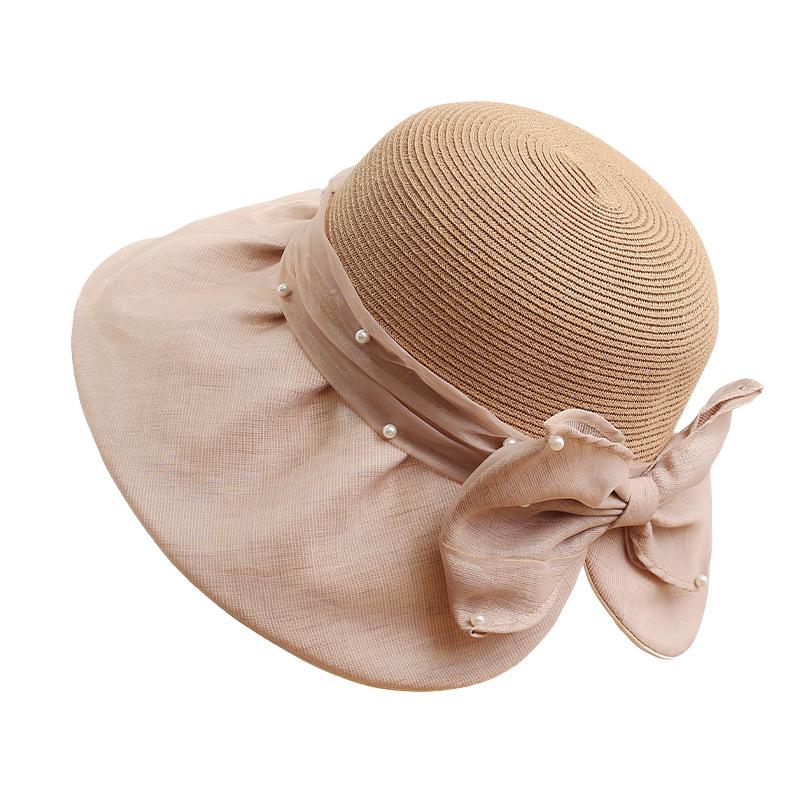 French Elegant Mesh Splicing Pearl Bow Big Eaves Straw Hat Women's Summer Sunscreen Sun Hat Show Face Small Holiday Hat
