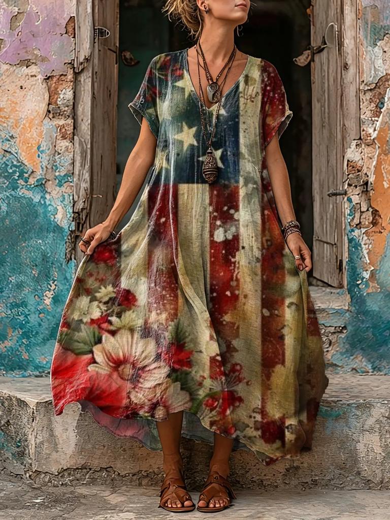 European and American women's blue retro ethnic style printing loose long dress polyester comfortable casual slim short sleeves