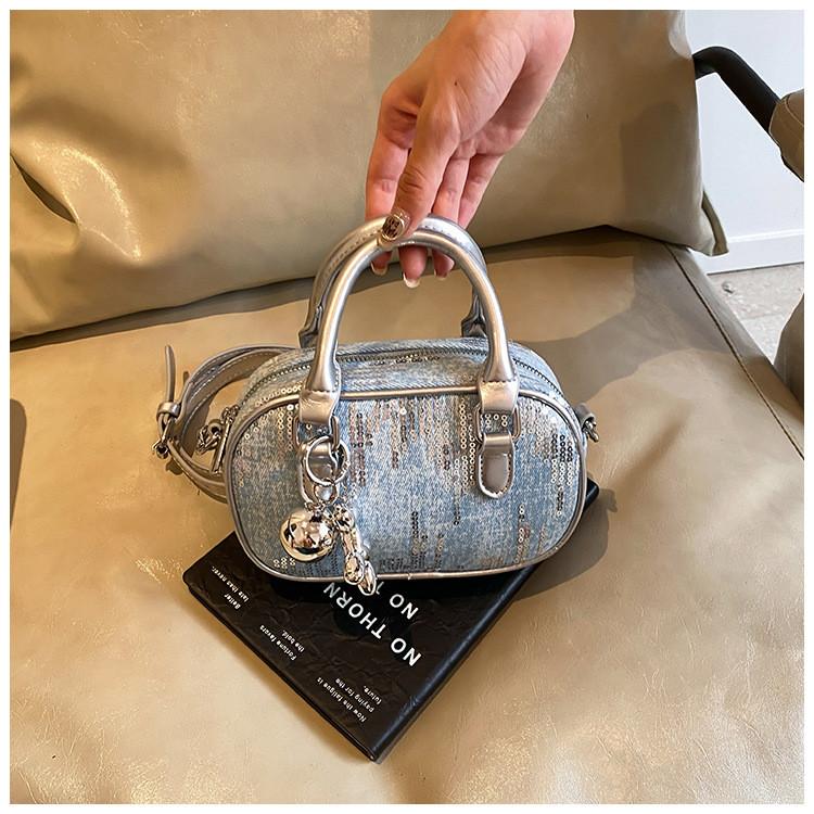 IELGY Korean Style Denim Sequined Portable Bowling Bag Contrast Color One-Shoulder Messenger Small Square Bag