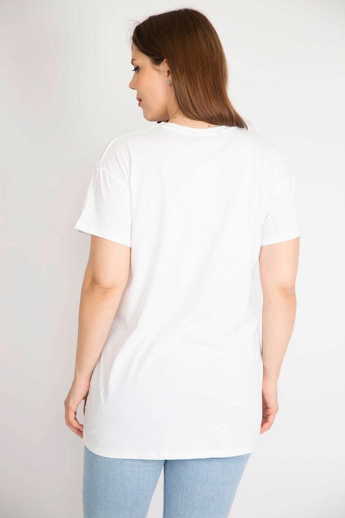 Damen Übergröße Bluse Weiß Plus Size Frontbeflockt Rundhalsausschnitt Kurzarmbluse