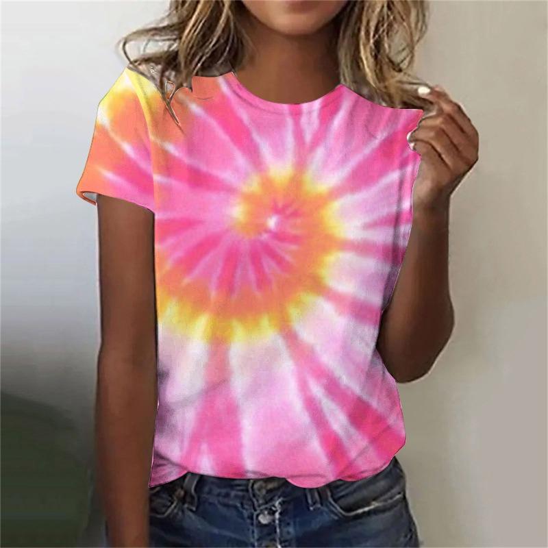 Dámské tričko Colorful Tie Dye Tričko s 3D potiskem Volný střih Pulovr s kulatým výstřihem Tričko s krátkým rukávem