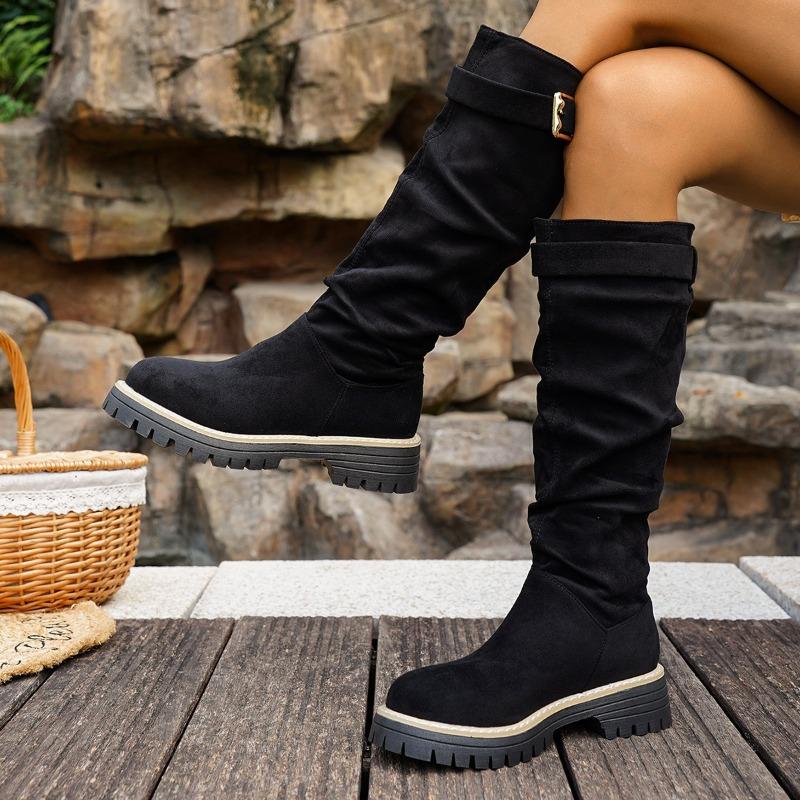 Women's Suede Western Cowboy Boots, Stacked Foldable Mid-Calf Riding Boots, Vintage Retro Biker Booties for Women