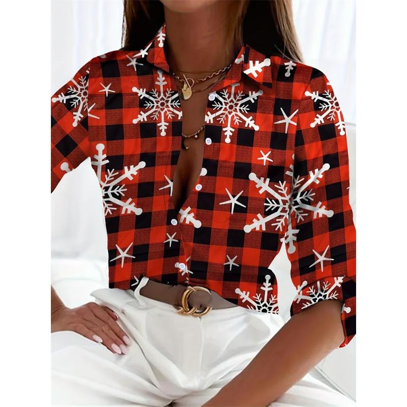 Christmas-themed Snowman Print Women's Long-Sleeve Shirt Button-down Collar Design Relaxed Fit Casual Women's Shirt