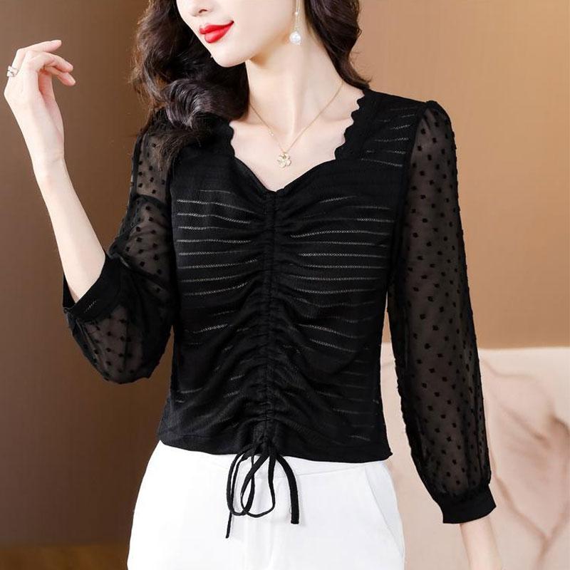 Korean Slim Shirring Drawstring Blouse Gauze Fashion V-Neck Spring Autumn New Commute Female Clothing Casual Long Sleeve Shirt