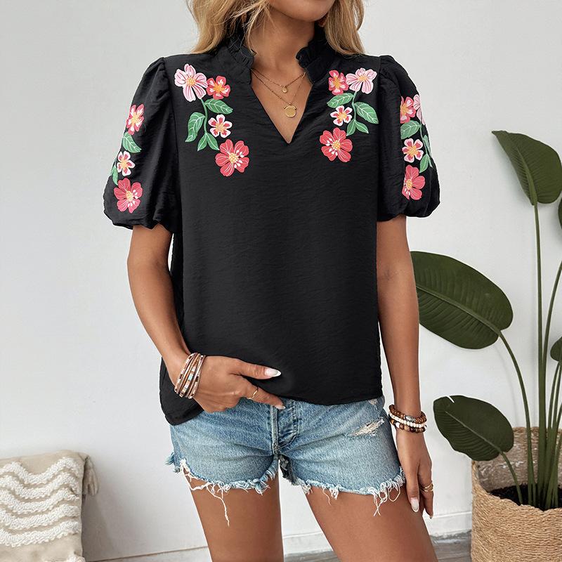 Summer New Women's Commuter Small Stand-up Collar Top Printed Pullovers Shirt