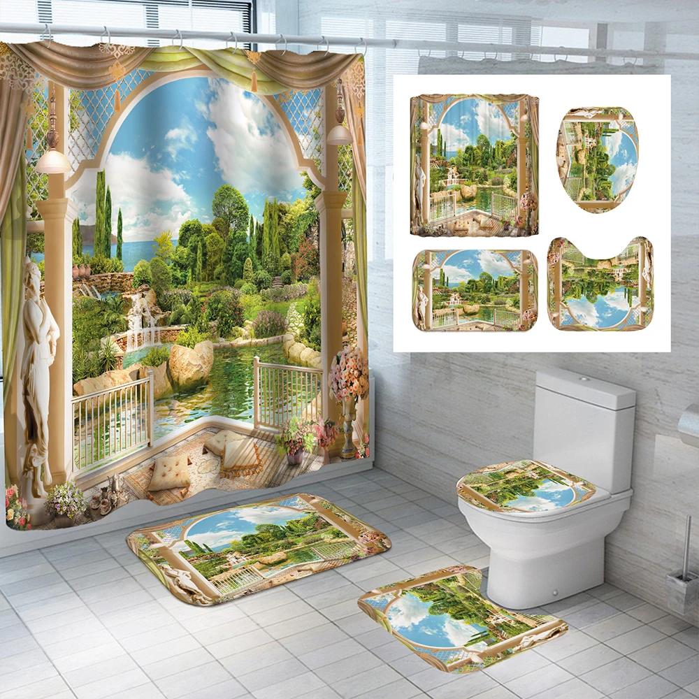 Sunny Beach Pattern Waterproof Polyester Shower Curtain With Hooks Anti-Slip Soft Bath Carpet Mat Lid Toilet Cover Home Decor