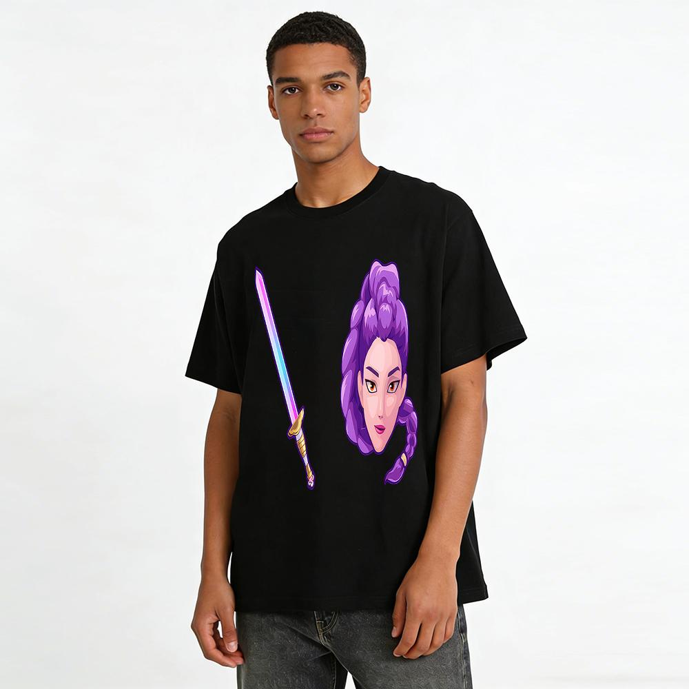 Cool Purple Braid Swordswoman Print T-Shirt Trendy Anime Style Casual Top For Daily Wear Pure cotton T-shirt