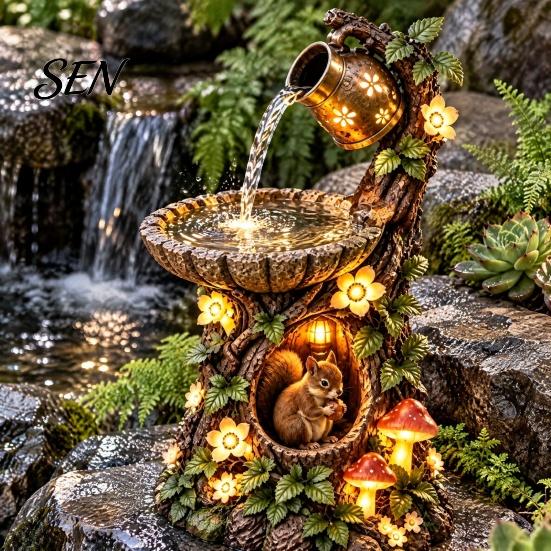 Illuminated Garden Statue Decoration Tree House Fountain Bird Feeder, Lighted Resin Birdbath, Feeder with Sturdy for Small Birds LED Lights,