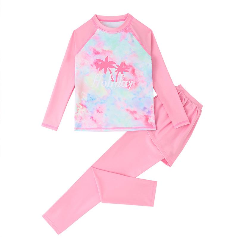 Girls' Teen Long Sleeve Sun-Proof Swimsuit Set with Quick-Dry Korean Style Print