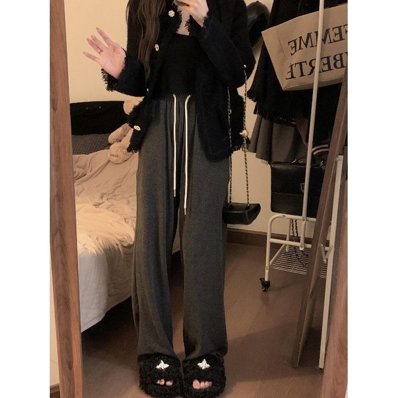 Gray Idle Style Fleece-lined Spring and Autumn Draped Casual Pants