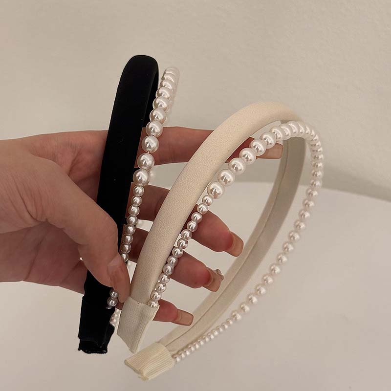 New Narrow Satin Pearl Double-Layer Headband for Women Retro Elegant Black White Pearl Hair Hoop Wedding Hair Accessories