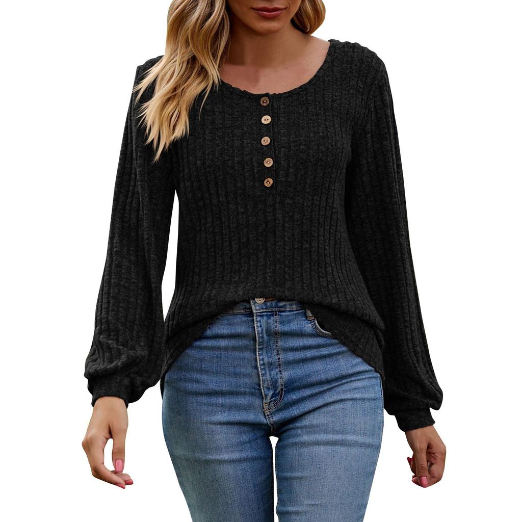 Women'S Round Neck Casual Fashion Solid Color Button Long Sleeved T-Shirt Top Top Blusa Elegante Feminina