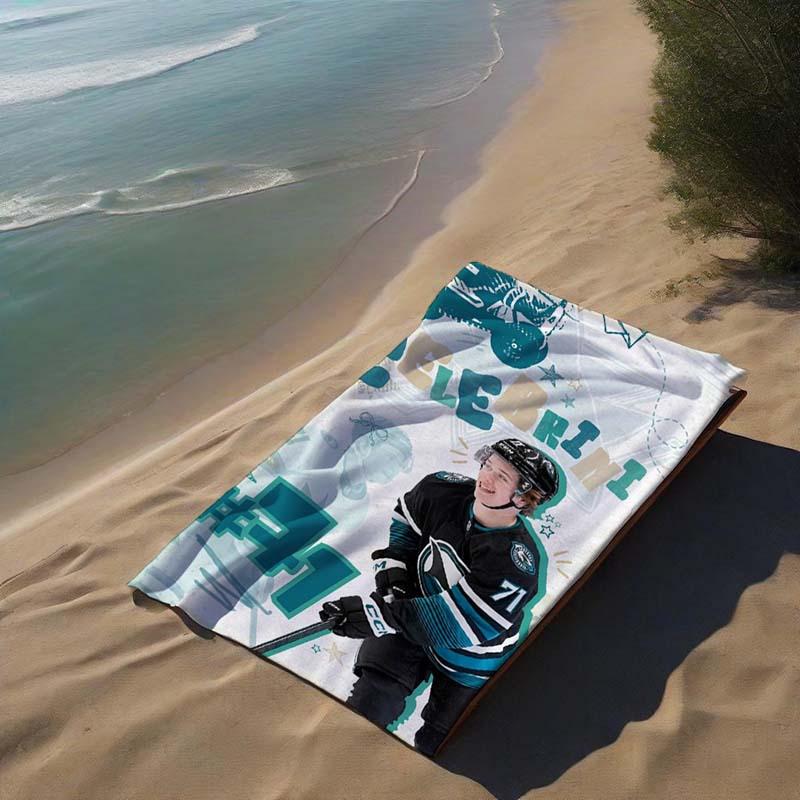 1PC Ice Hockey Star Macklin Celebrini Beach Towel, Quick Dry Soft Polyester Towel, Lightweight Absorbent Towel for Sports Fans,