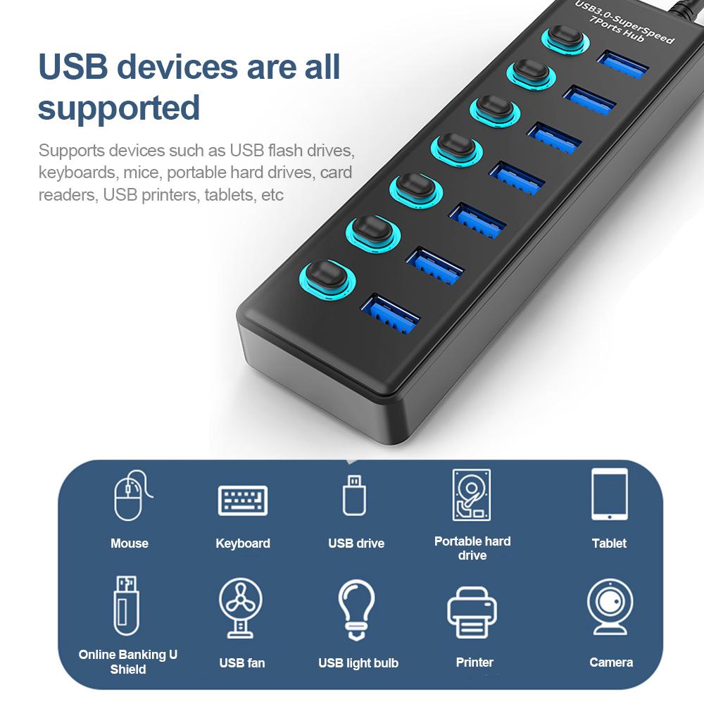 KEBIDUMEI USB HUB 7 Ports USB3.0 Splitter 5Gbps with Individual Switch Power Adapter for Laptop USB Ports Extender USB-C Docking