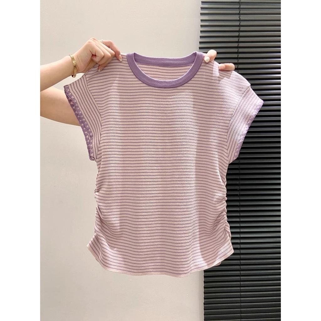 Premium sense flying sleeve T-shirt women's contrasting color striped knitted short sleeve summer small casual and thin bottoming top