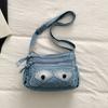 Washed Denim Crossbody Bag with Dual Flap Front Pockets Casual Shoulder Purse for Women Daily Travel
