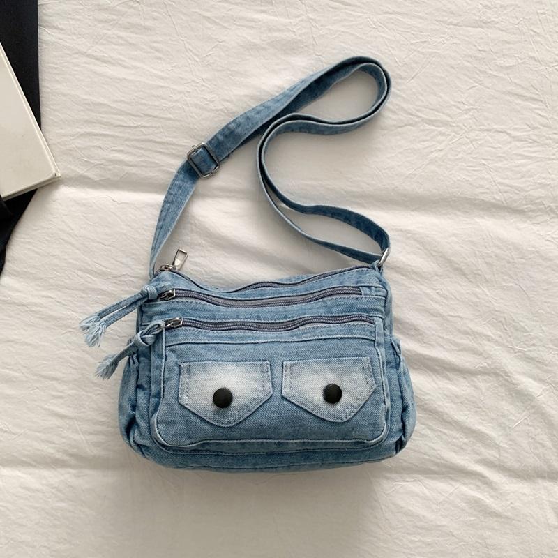 Washed Denim Crossbody Bag with Dual Flap Front Pockets Casual Shoulder Purse for Women Daily Travel