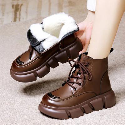 Γούνινα όλα σε ένα Snow Boots Γυναικείες χειμερινές δερμάτινες μπότες Γυναικείες κοντές μπότες με χοντρή σόλα Χοντρές ζεστές βαμβακερές μπότες