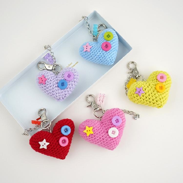 Handmade Knitted Keychain Handwoven Heart with Button Bowknot Pendant Keyring