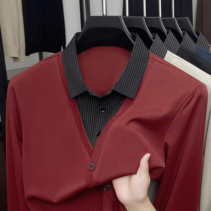 Men's Fake Two Piece Polo Shirt Casual Fashion Long Sleeve Collar T-shirt Versatile Top