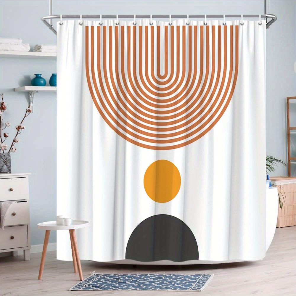 1 Abstract Geometric Shower Curtain - Brown/White/Black Circles And Lines, Polyester Fabric, Hooks, Machine Washable
