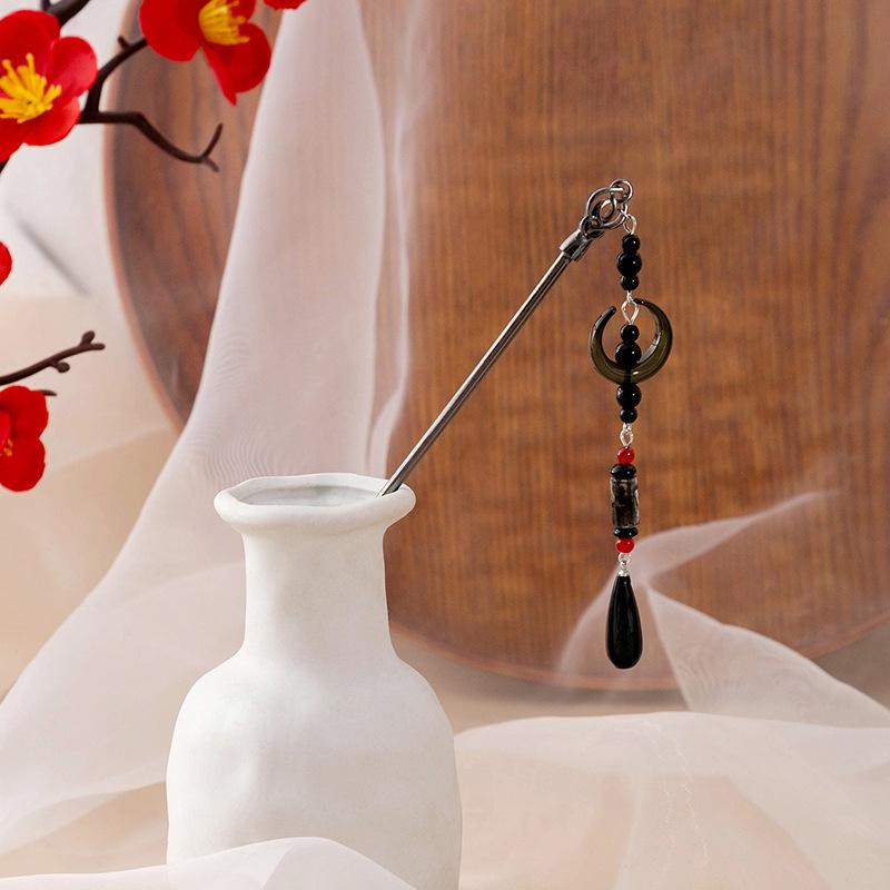 New Chinese Ancient Style Crescent Moon Tassel Tassel Hairpin Chinese Style Cheongsam Hanfu Water Drop Pendant Hairpin Cool Sense Hairpin