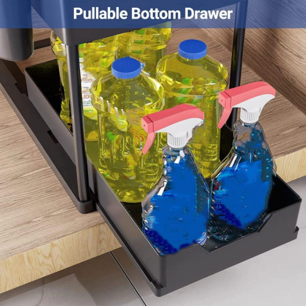 2 Tier Sliding Cabinet Basket With Hooks Under Sink Organizer Upgraded Bathroom Organizer Bathroom