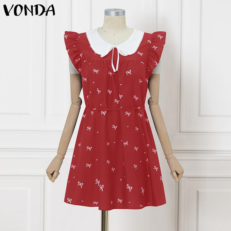 

VONDA Женское летнее платье мини с кукольным воротником без рукавов с принтом, повседневное плиссированное XL красный