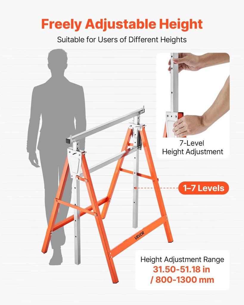 Saw Horses, 2 Pack Folding Work Horses, 199.6 kg Load Capacity Sawhorse with Heavy Duty Legs, Adjustable Height Saw Horse with Non-Slip Foot Pads, for