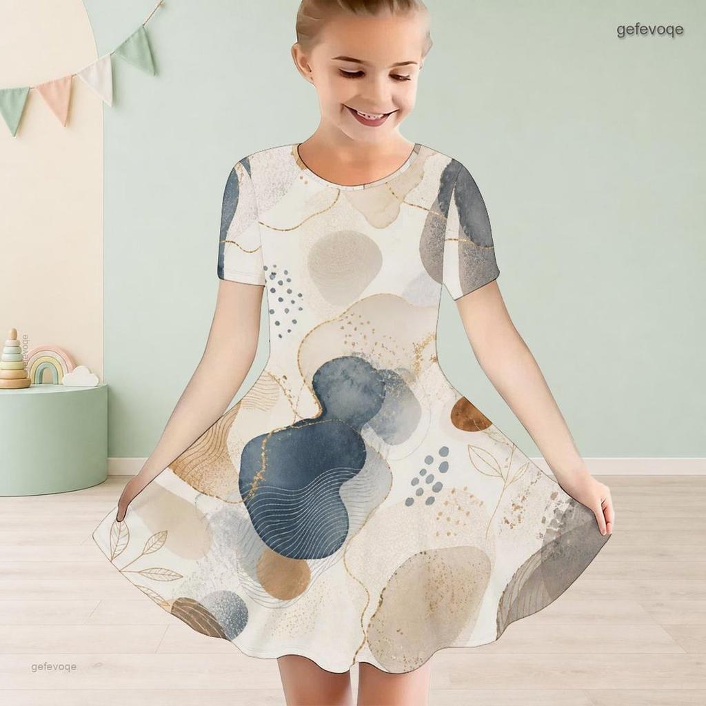 Girls Round Neck Short Sleeve Abstract Printed A Line Flared Dress