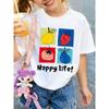 European Sizes New Stylish Round Neck Short Sleeve T-Shirt for Girls, Featuring a Summer 'Happy Life' Fruit Print, a Fashionable And Versatile Top
