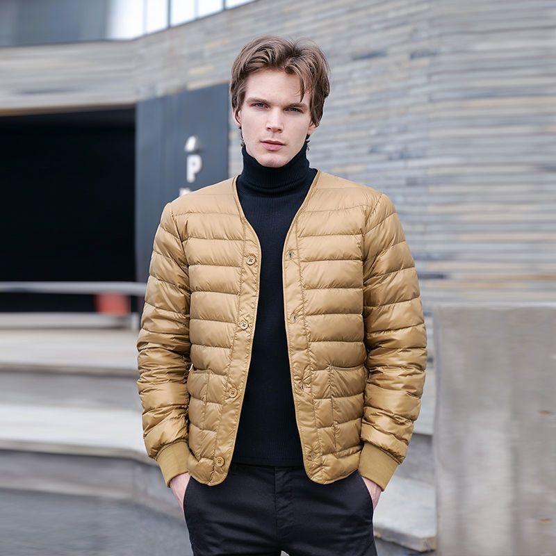 2025 down jacket men's short slim fit thickened warm and thin collarless V-neck white duck down liner jacket cotton jacket