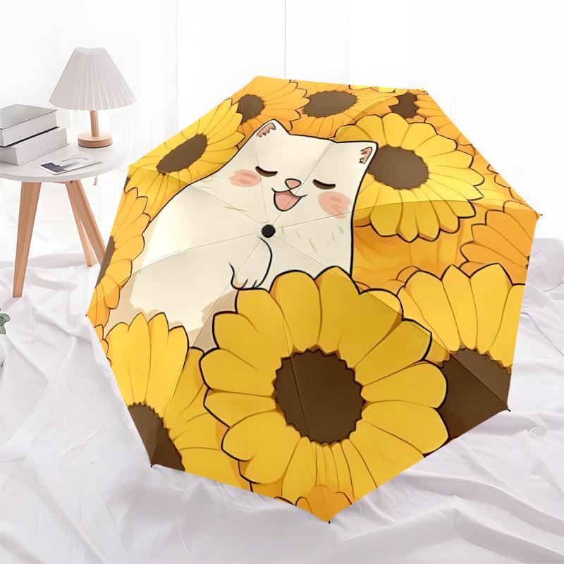 1pc Flower Cat Automatic Open/Close Umbrella with Windproof, Functional Design, 8-Rib Sturdy Canopy