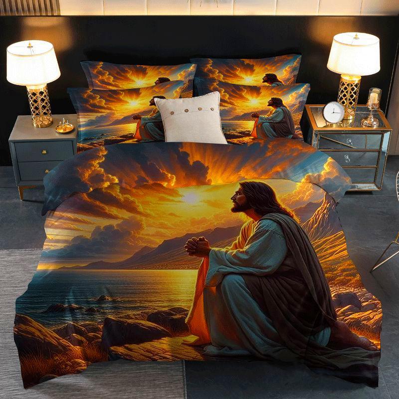 2/3pcs, Serene Jesus Sunset Prayer Ocean Rocksquilt Cover Set with Printed Pattern, Quilt Cover Set Includes Quilt Cover