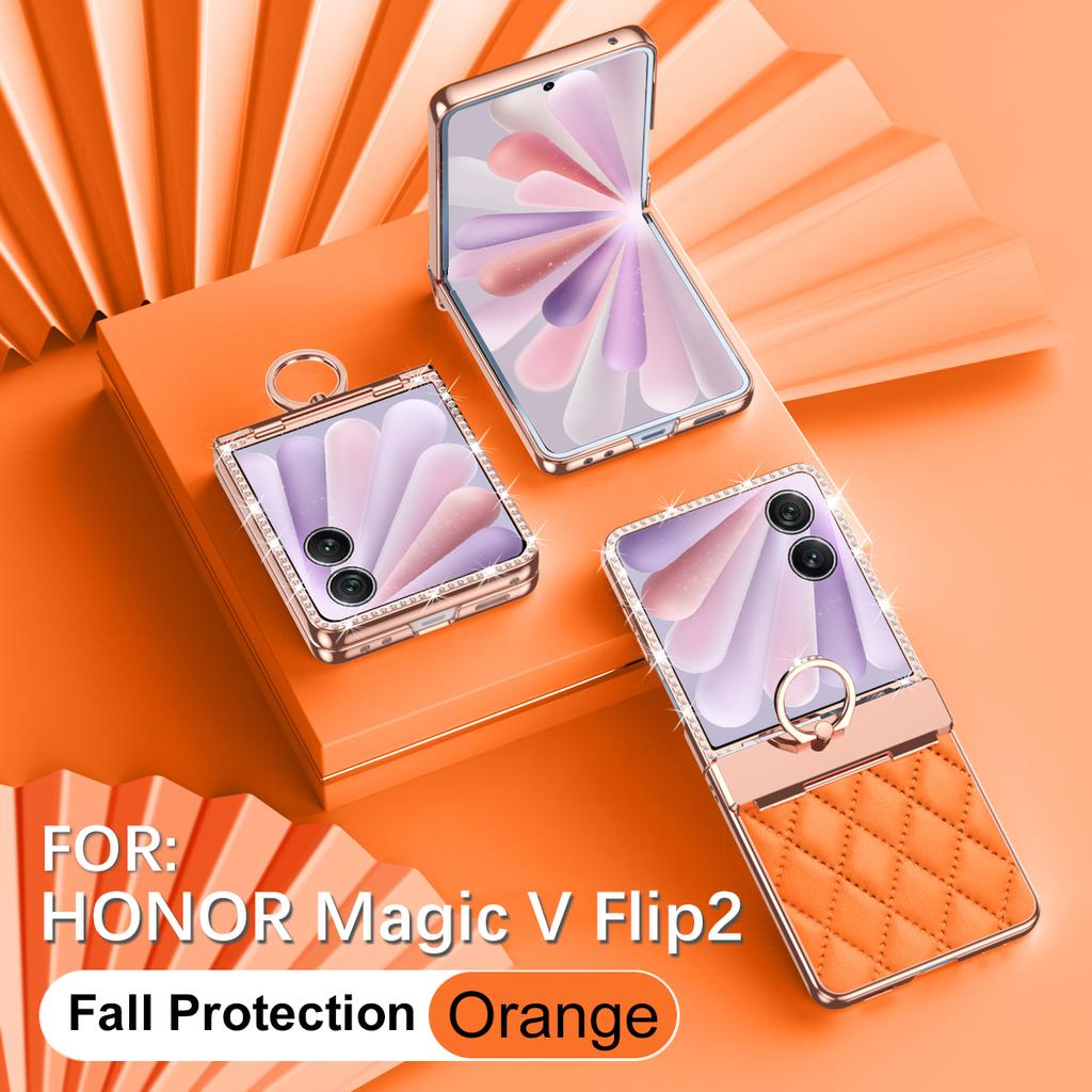 Luxury Fashion Diamonds Leather Plating Ring Holder Phone Case For Honor Magic V Flip 2 Hinge Full Protection V Flip2 Cover