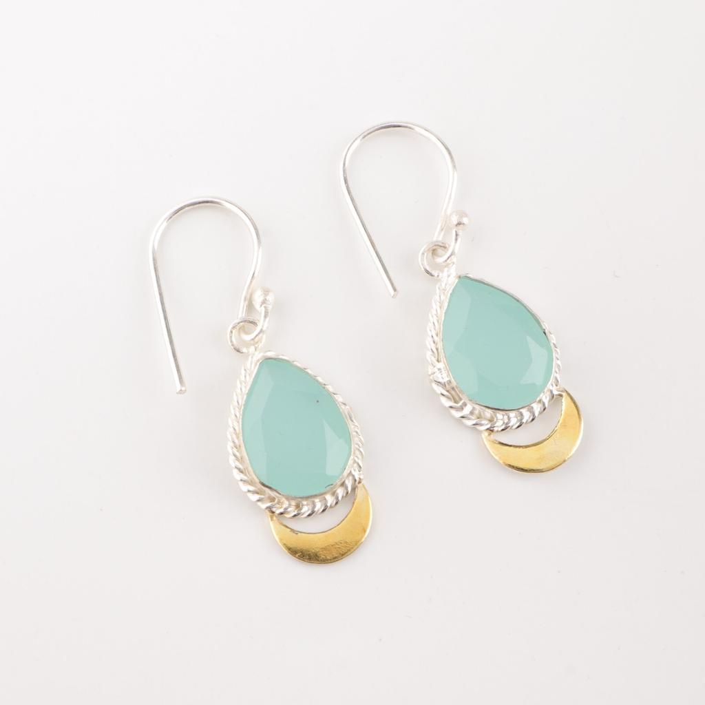 Aqua Chalcedony Gemstone 925 Sterling Silver Jewelry Handcrafted Earrings 1.5" EE-162-16