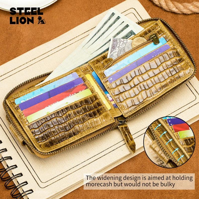 LAOSHIZI Men's Genuine Leather Crocodile-Embossed Wallet RFID Blocking Multi-Card Slots & Photo Holder Horizontal Bifold Design