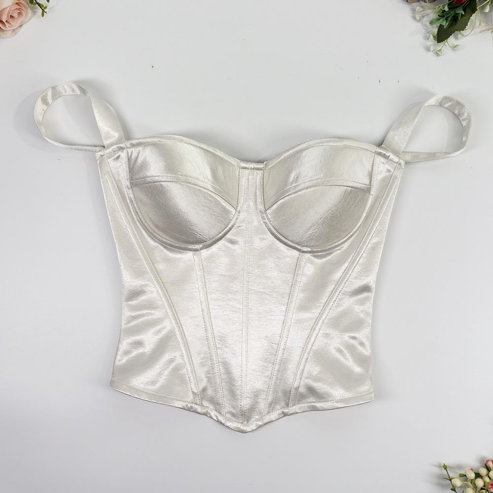 Acetate Satin Satin Inside with Sling Tube Top Underwear Outside Wearing Nordic Style Gathering Beautiful Back Closing Milk Fish Bone Bra