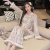 Women Golden Velvet Pajama Set Autumn Winter Warm Luxury Leopard Furry Cuff Lapel Cardigan Loungewear Diamond Velvet Home Outfit