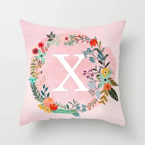 Pink Decorative Pillow Cover 26 Letters In A Wreath Background Pillowcase For Home Decorative Alphabet Cushion Cover 45X45Cm