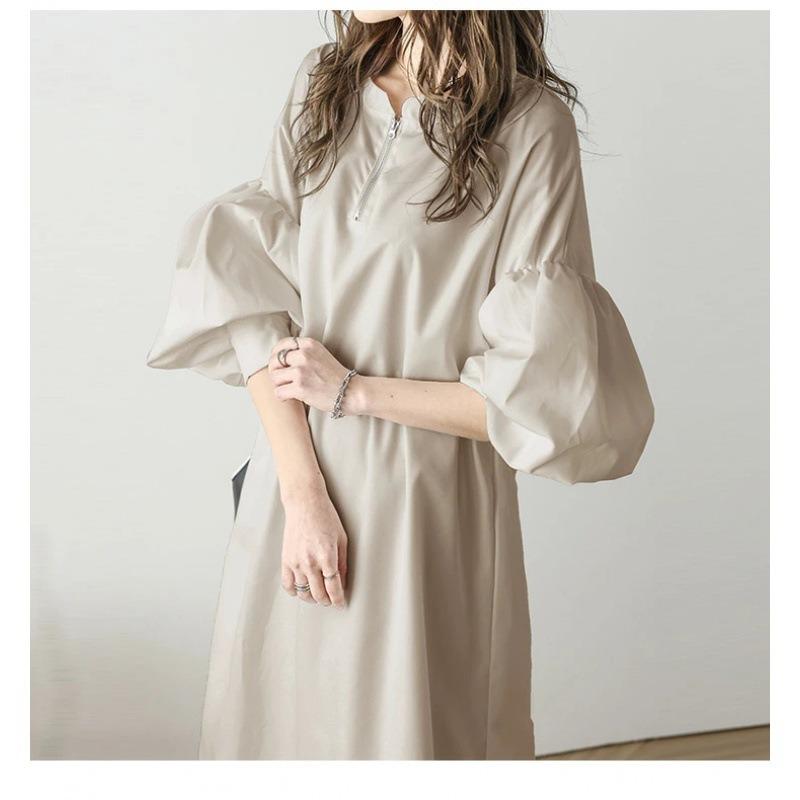 

YYFS Women s Fashion Spring Fall Solid Color Print Long Sleeve V-Neck Loose Waistline Casual Dresses Size: One Size хакі